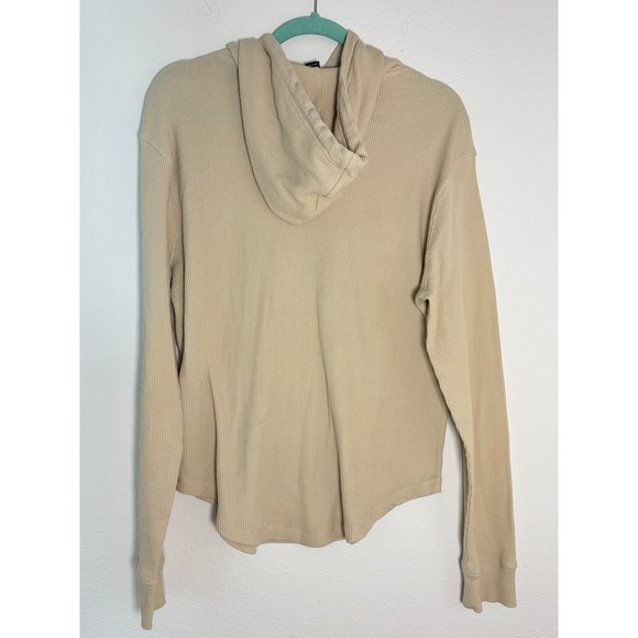 Waffle Knit Thermal Hoodie Tan Beige Curved Hem Long Sleeve Pullover - Picture 2 of 4